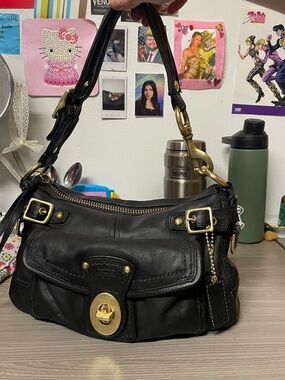Coach Legacy Black Leather Shoulder Bag with Brass Hardware